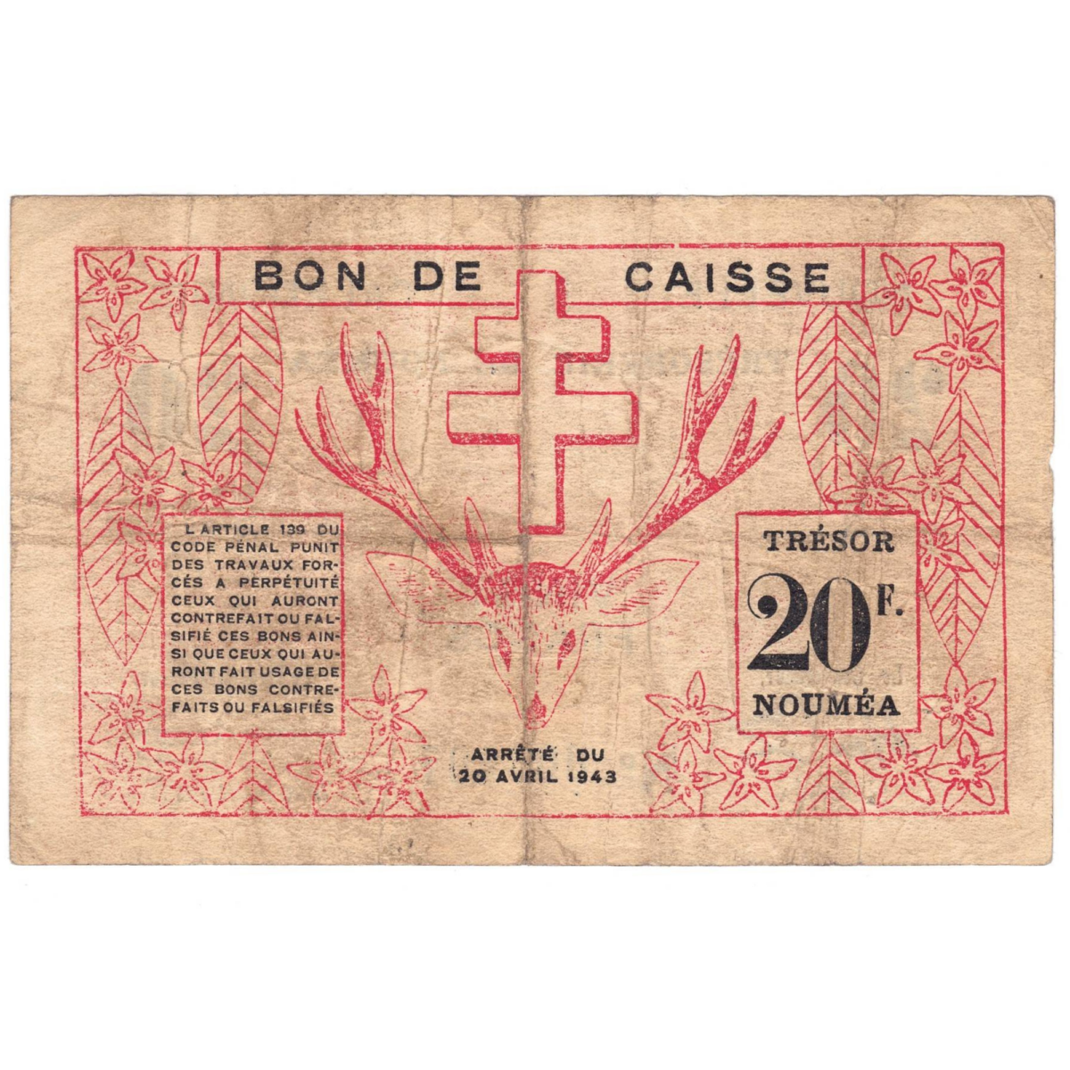 noumea 20 francs 1943 revers 045
