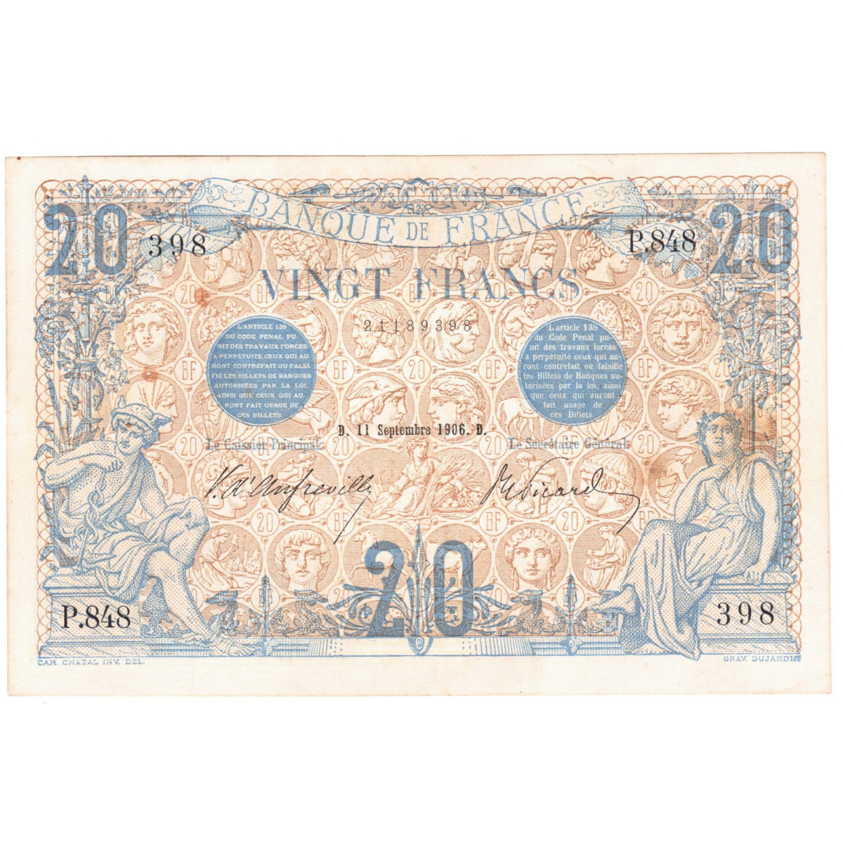 20 francs bleu 1906 avers 023