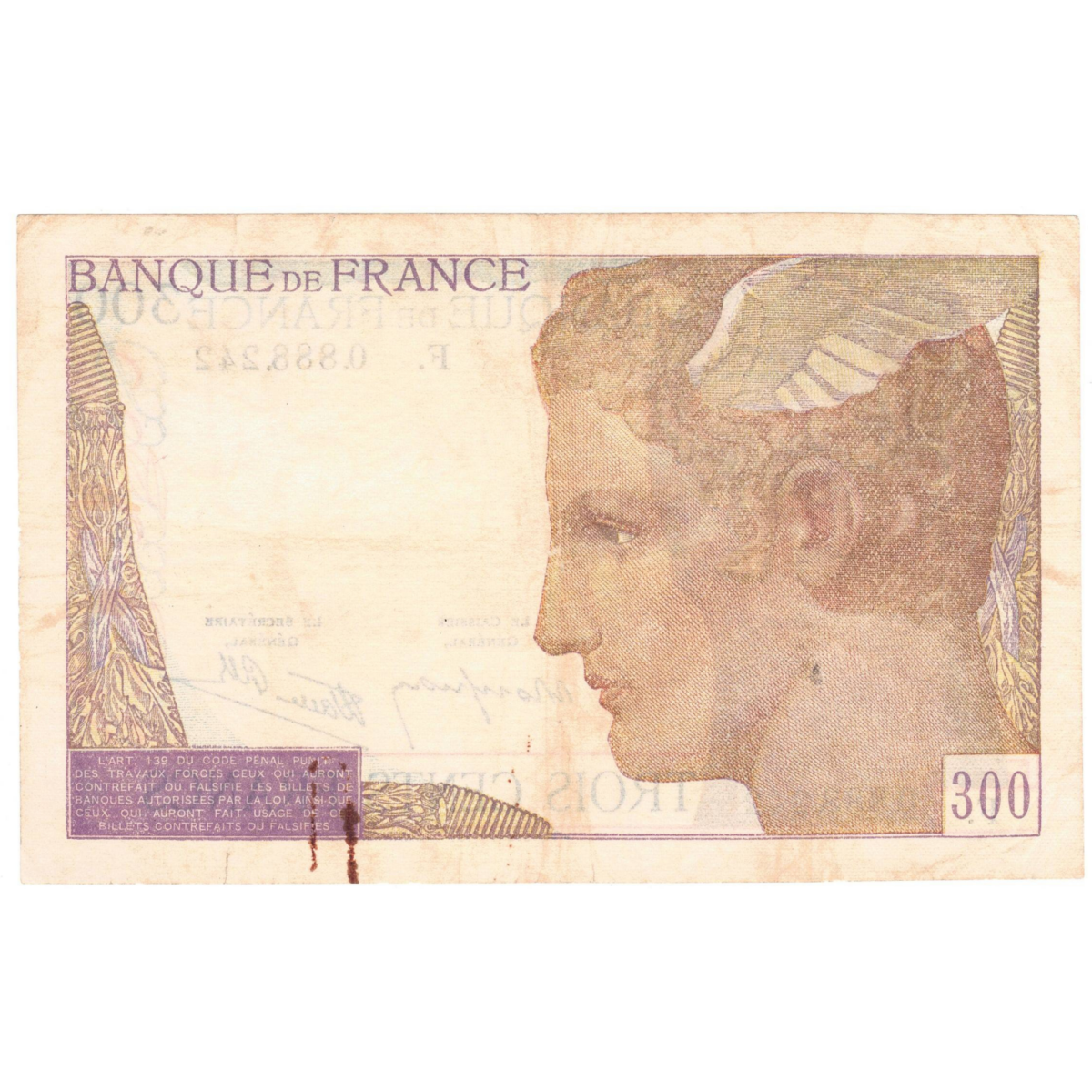 France 300 francs type serveau 1938 revers 0020