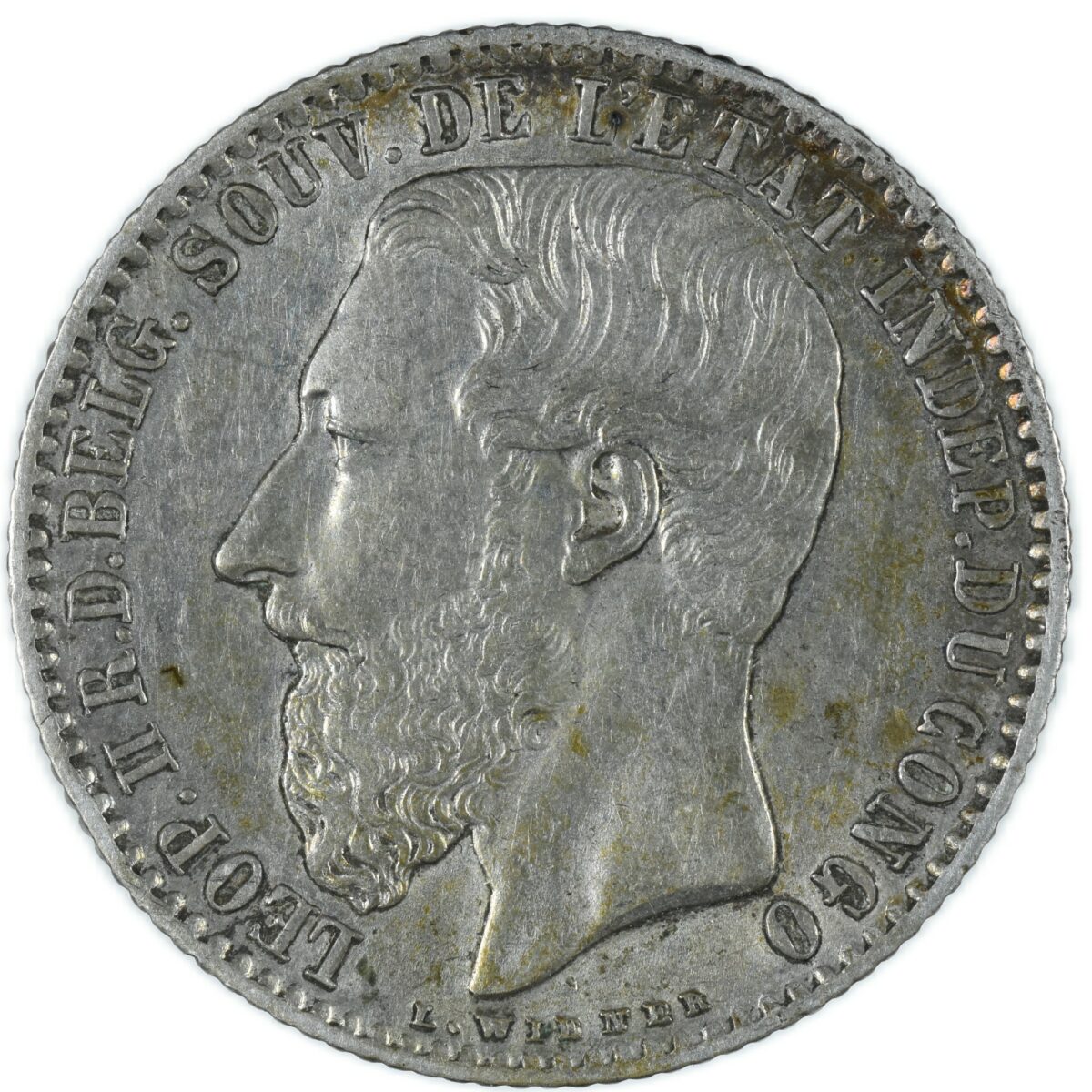 LEOPOLOD II CONGO BELGE UN FRANC 1887 AVERS